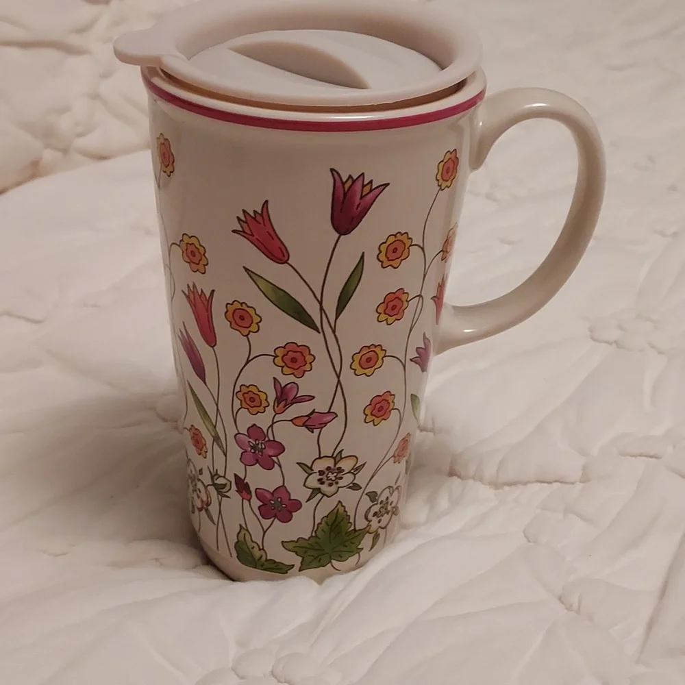 Longaberger White Floral Travel Mug with Pink and Green Accents